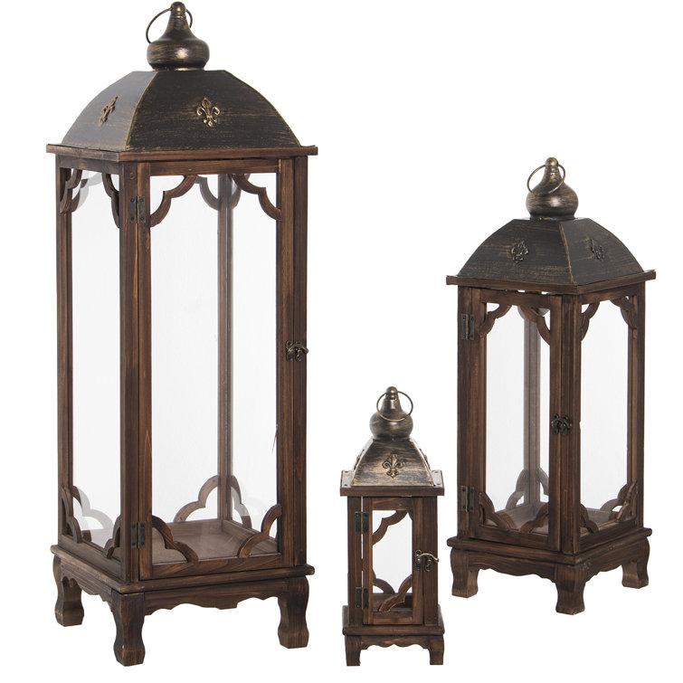 Ivy Bronx Set 3 Brown Wood/Metal Lanterns, Fir+Iron+Glass Wayfair.co.uk